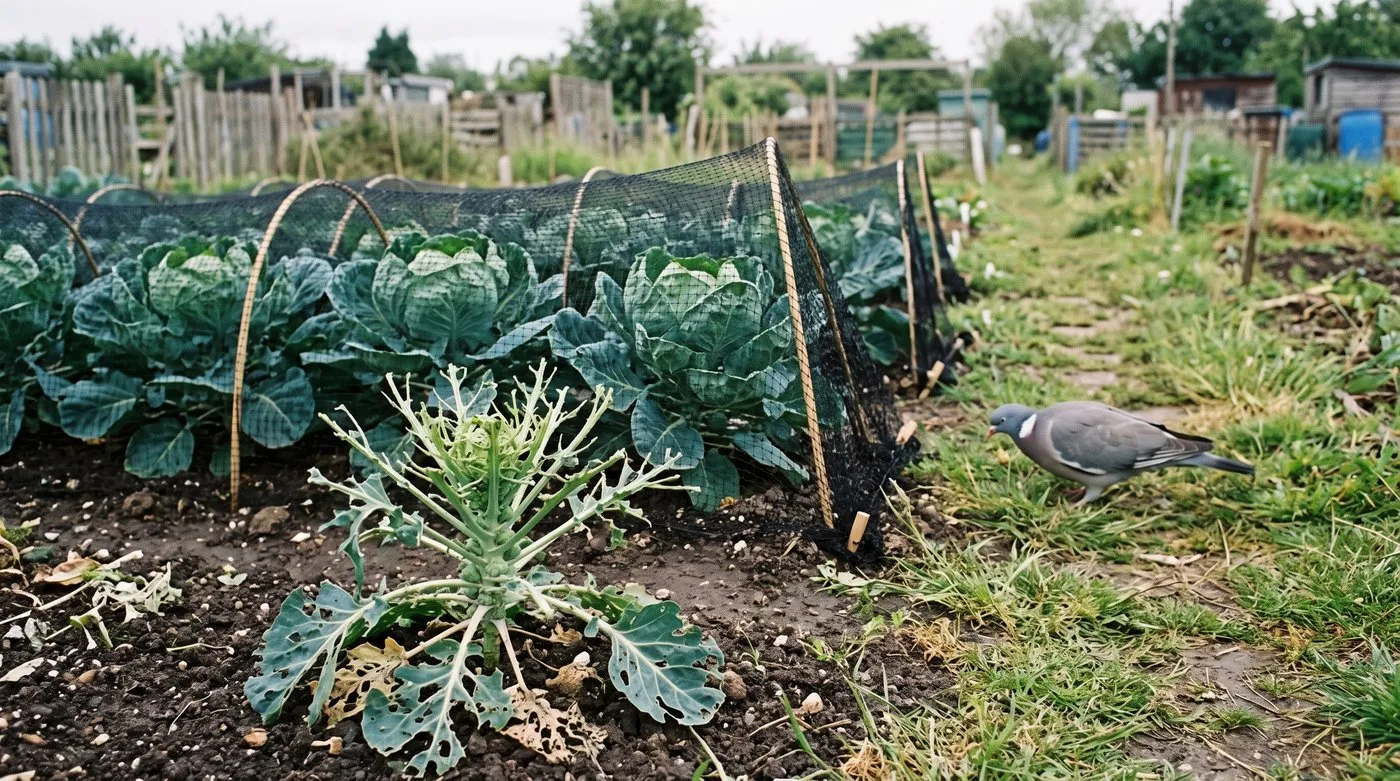 Brussels sprout plant stripped to the leaf ribs by pigeons beside a netted row with healthy leaves