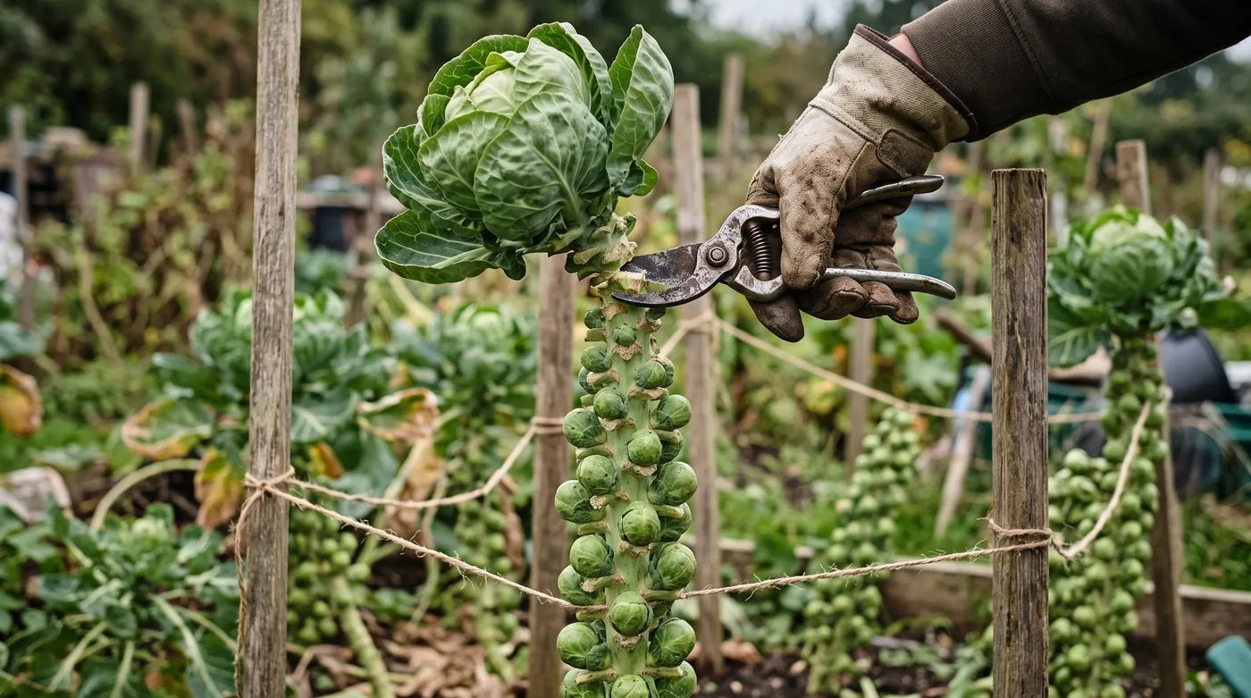 Secateurs removing the leafy top of a Brussels sprout plant with sprouts lining the stem below