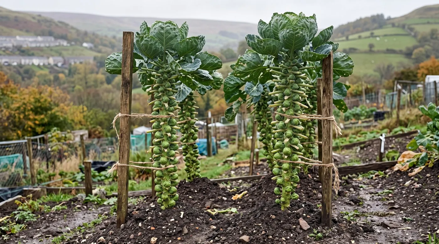 Tall Brussels sprout stems tied to wooden stakes with twine, with sprouts forming up the stems
