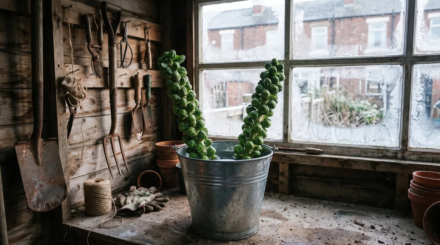 Two Brussels sprout stalks standing in a bucket of water in a cold garden shed