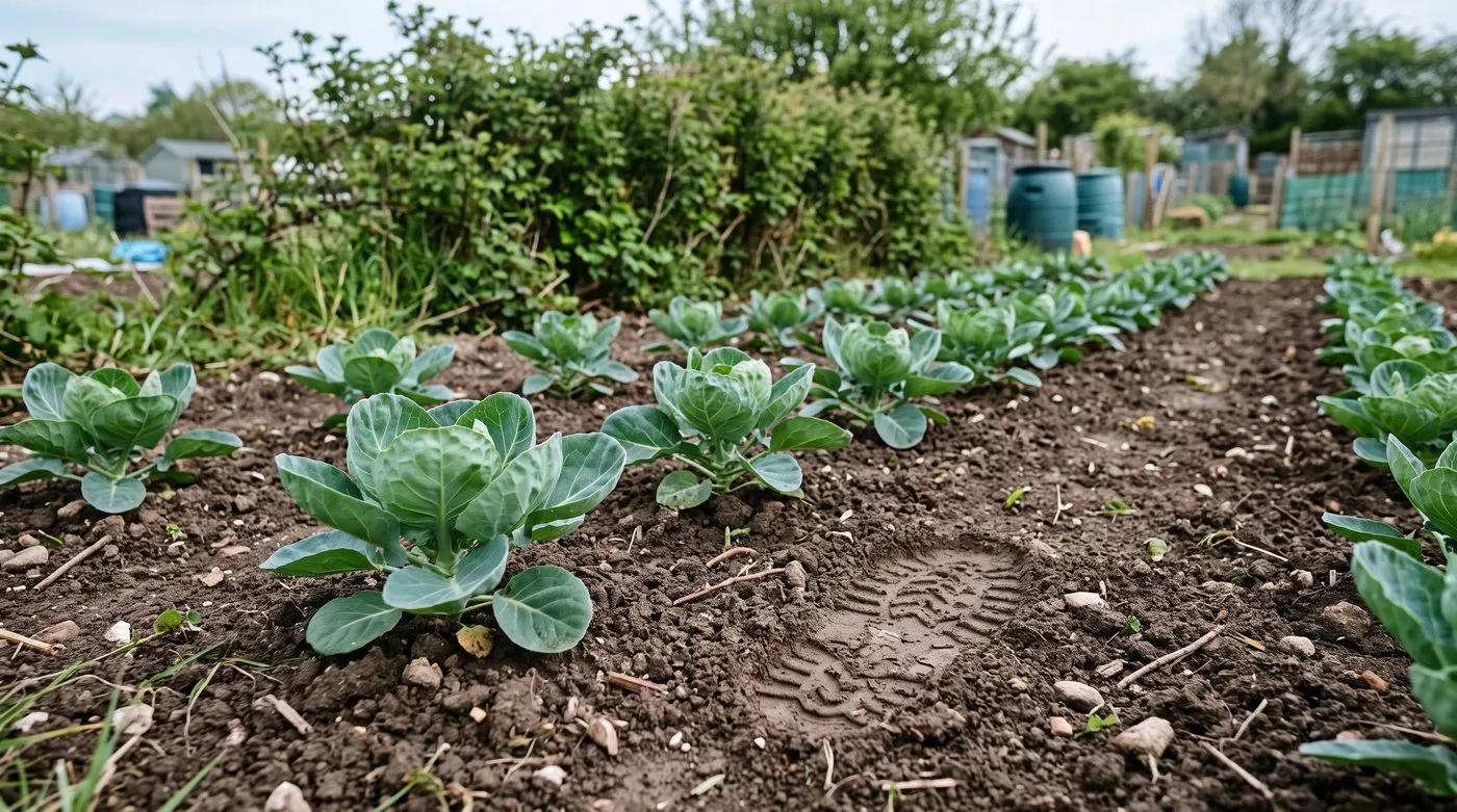 Young Brussels sprout plants spaced 60cm apart in firm soil with a hedge behind