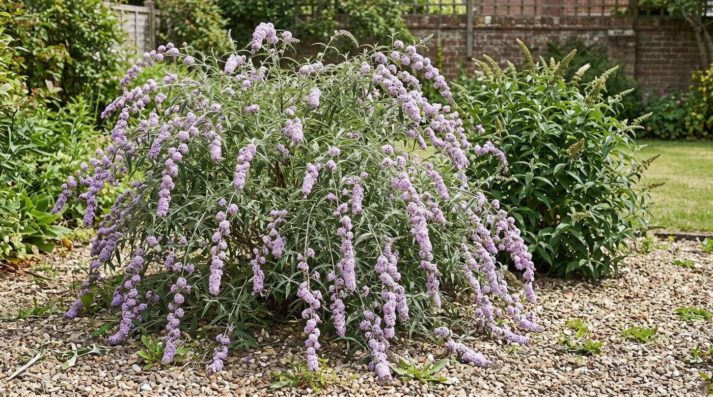 Buddleja alternifolia with long weeping stems covered in small lilac flower clusters in a sunny border
