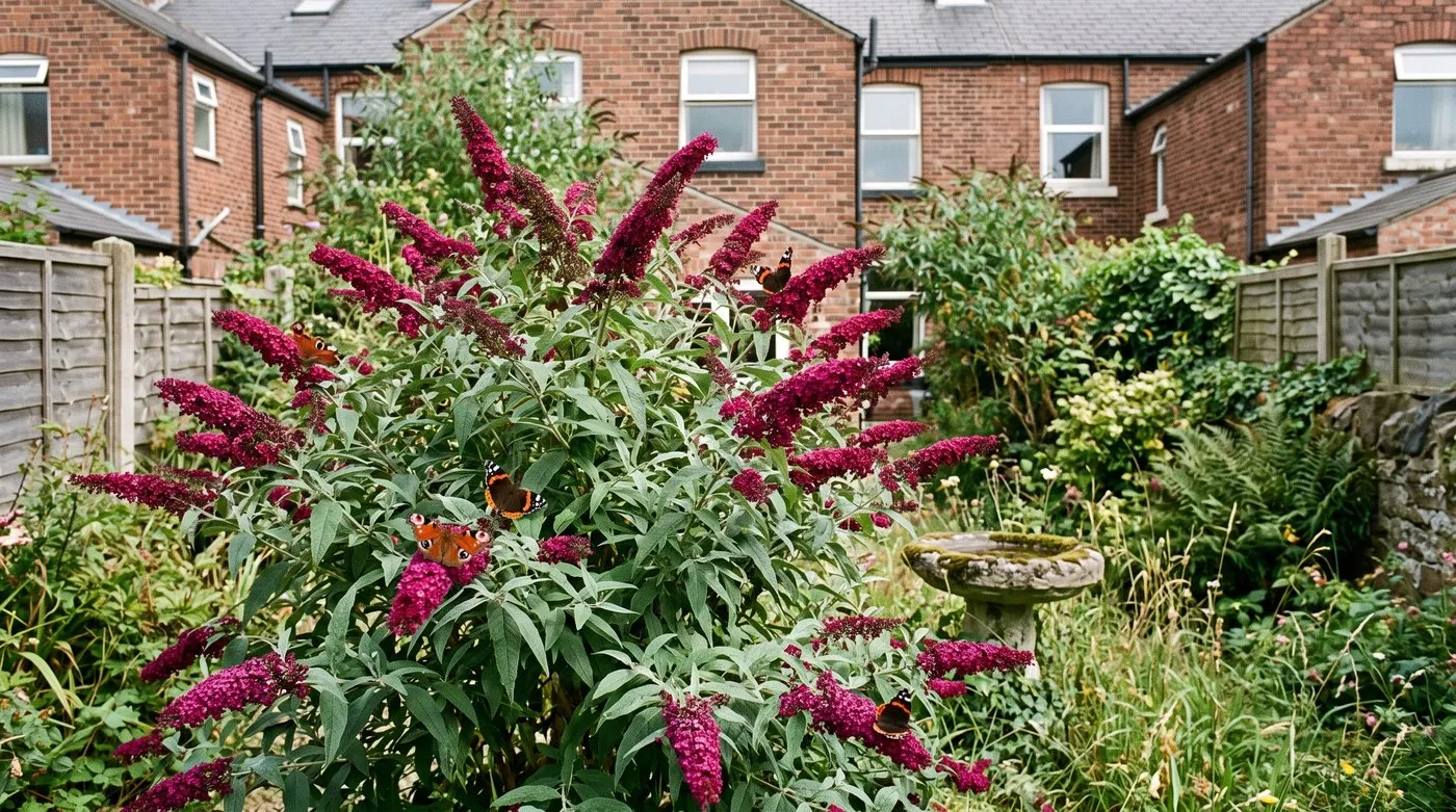 Peacock and red admiral butterflies feeding on red-purple buddleja flower spikes in a sunny garden
