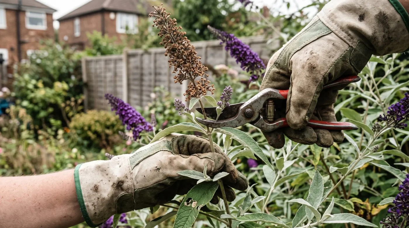 Secateurs cutting a faded buddleja flower spike back to new side shoots