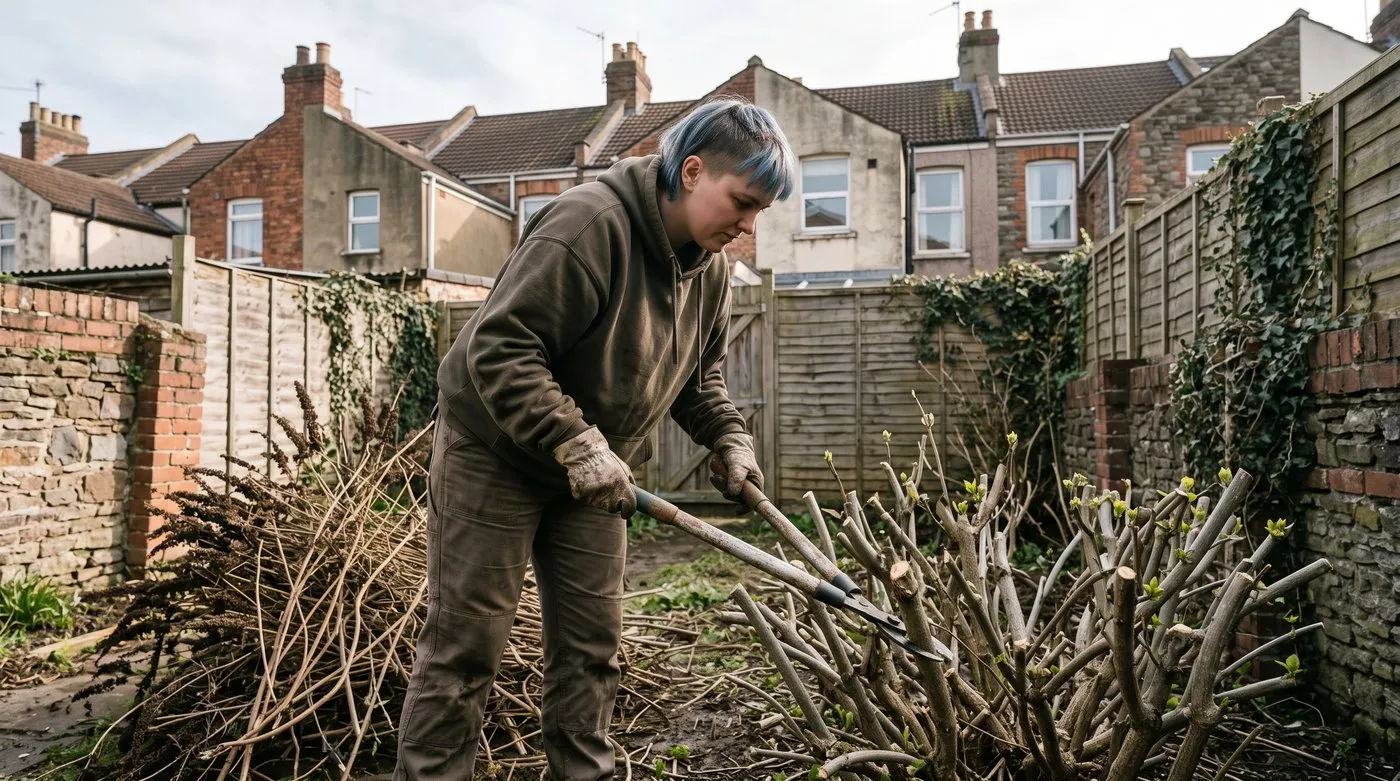 Young woman cutting buddleja stems back hard to a low woody framework with loppers in early spring
