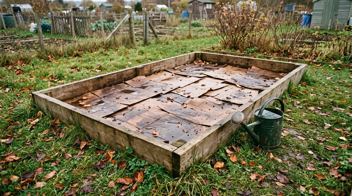 Empty raised bed frame lined with overlapping wet cardboard over grass on an allotment