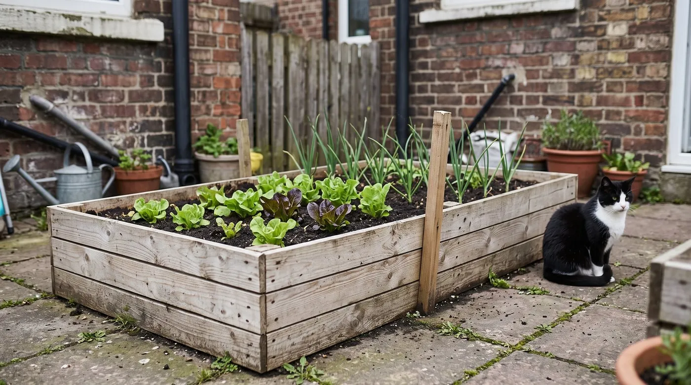Low raised bed made from pallet slats with a middle stake, planted with lettuces, a cat beside it