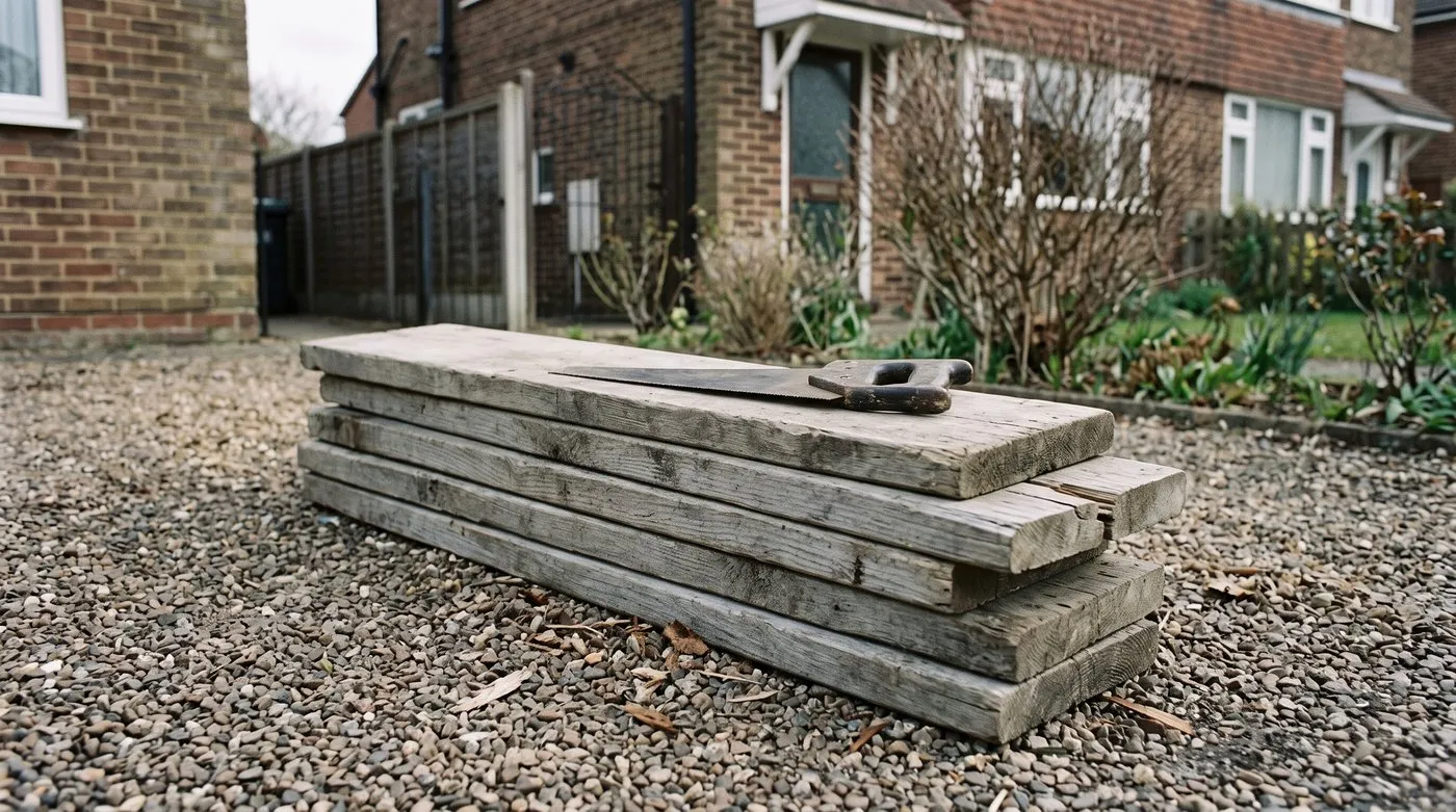Stack of weathered reclaimed scaffold boards with a handsaw on a gravel drive