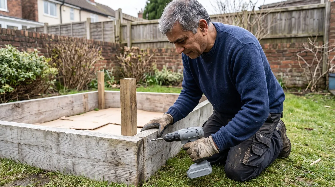 Gardener in gloves screwing a scaffold board to a corner stake to build a raised bed