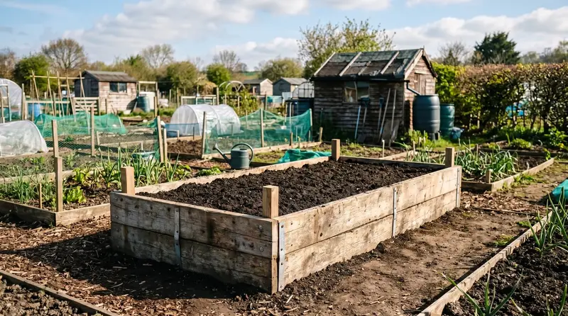 Budget raised bed built from reclaimed scaffold boards on a UK allotment in spring