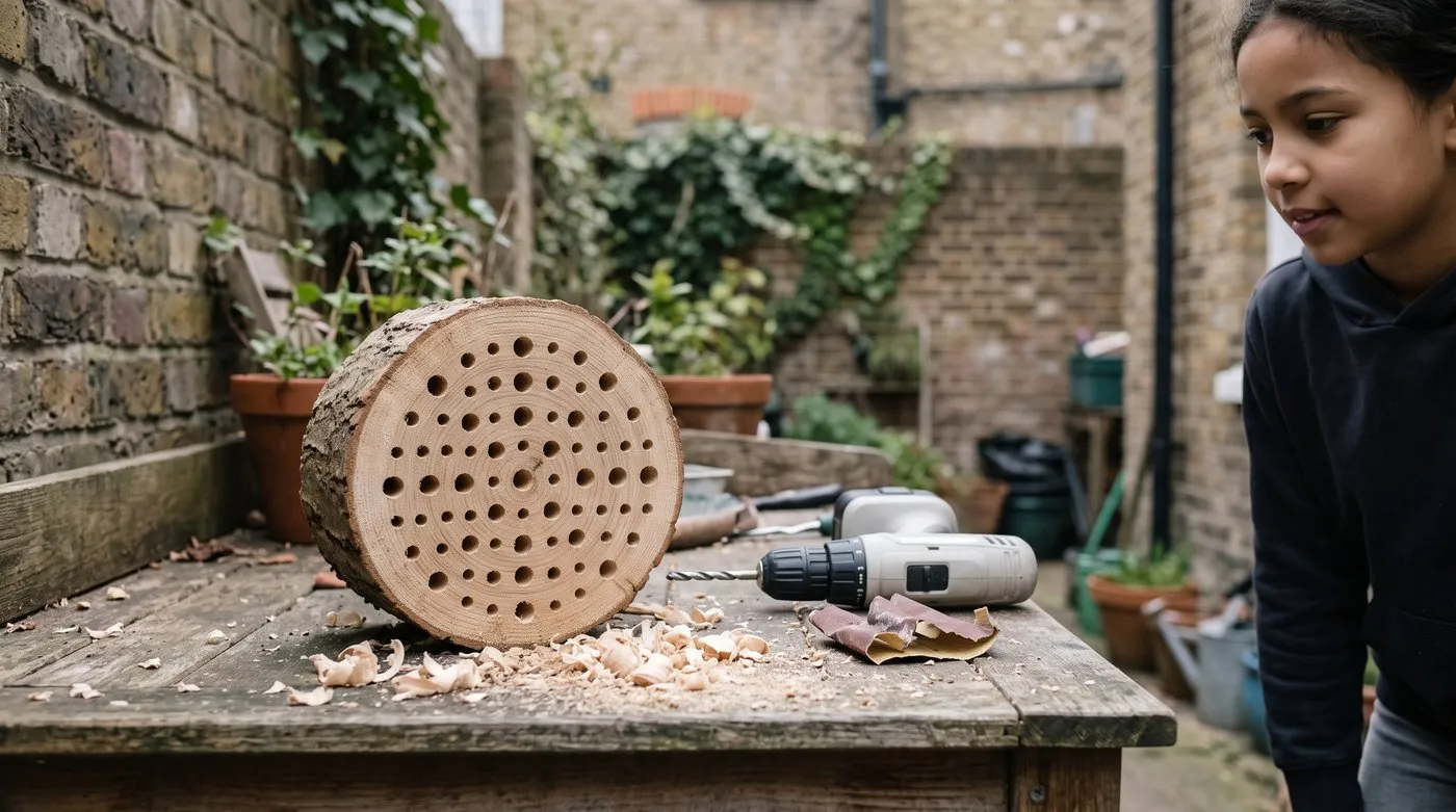 Bug hotel log of untreated oak drilled with 3-10mm holes and sanded smooth on a garden bench