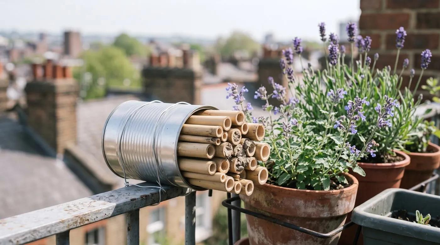 Tin can bug hotel packed with bamboo canes fixed to a sunny flat balcony railing beside lavender pots