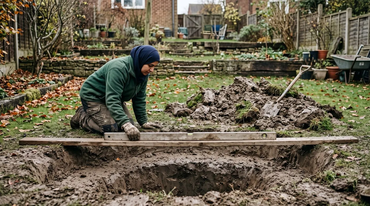 Gardener checking a dug garden pond is level using a spirit level on a plank across the hole