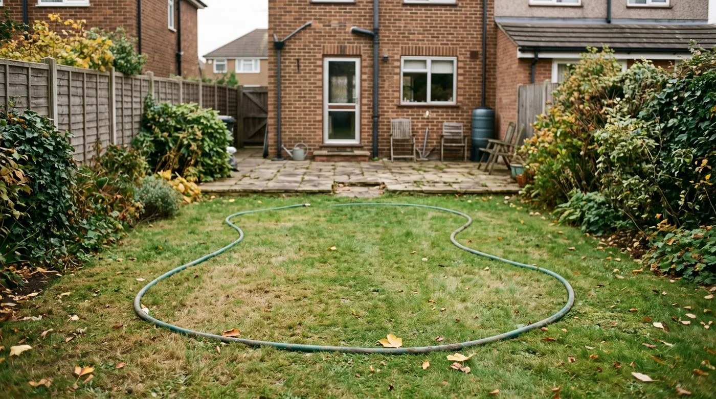 Hosepipe laid on a lawn marking out the curved outline of a new garden pond in a UK back garden