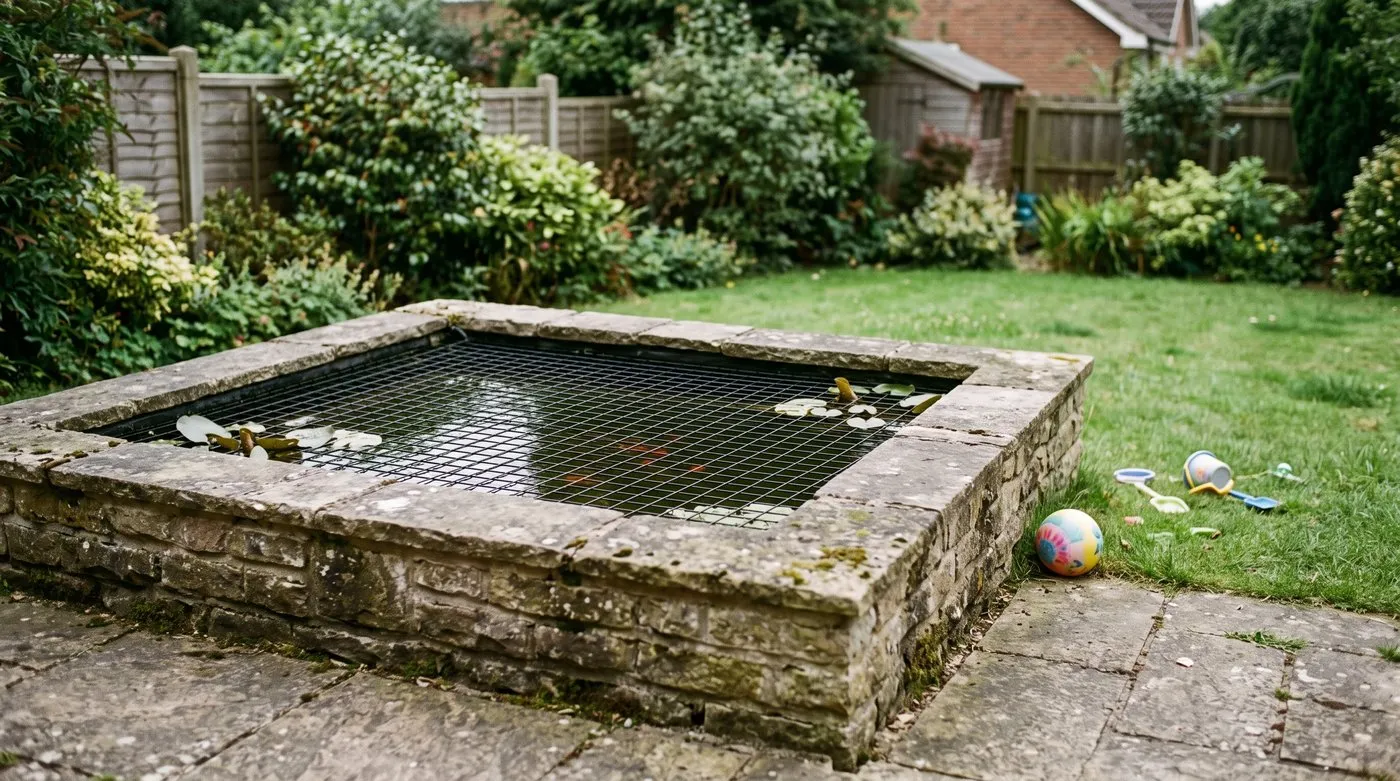 Raised garden pond with a rigid safety mesh fitted just below the surface in a family garden