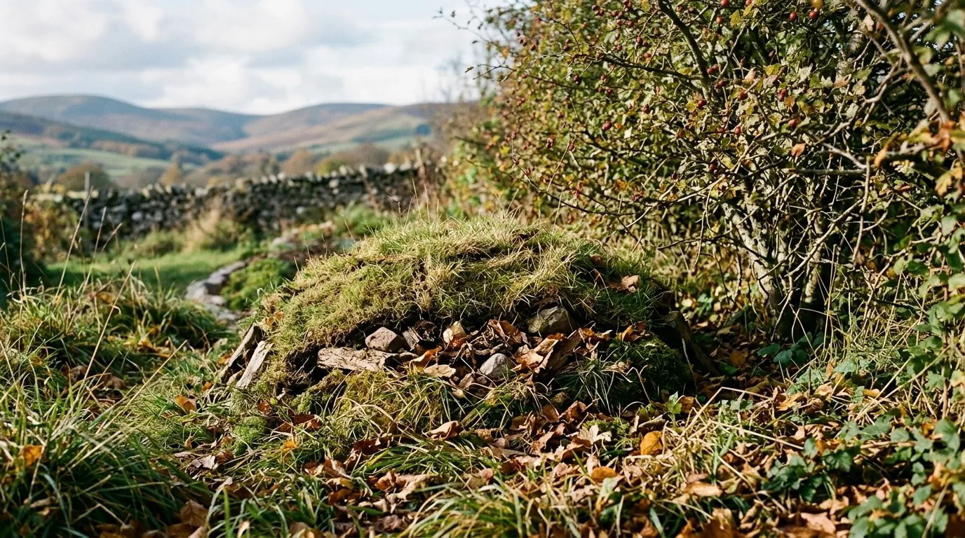 Quiet undisturbed corner of a Scottish garden with a new turfed hibernaculum mound beside a native hedge in autumn