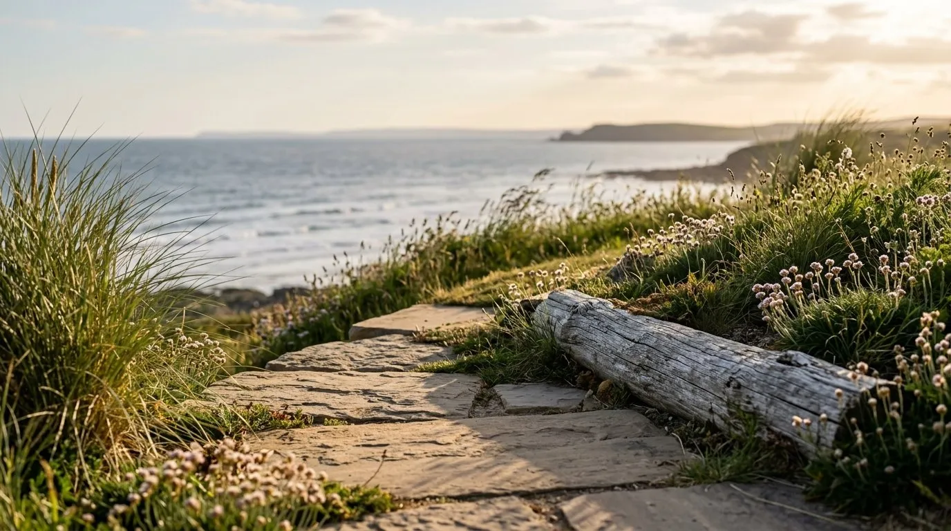 Flat stones and a weathered log set on the south edge of a mound in a seaside garden, catching low sun