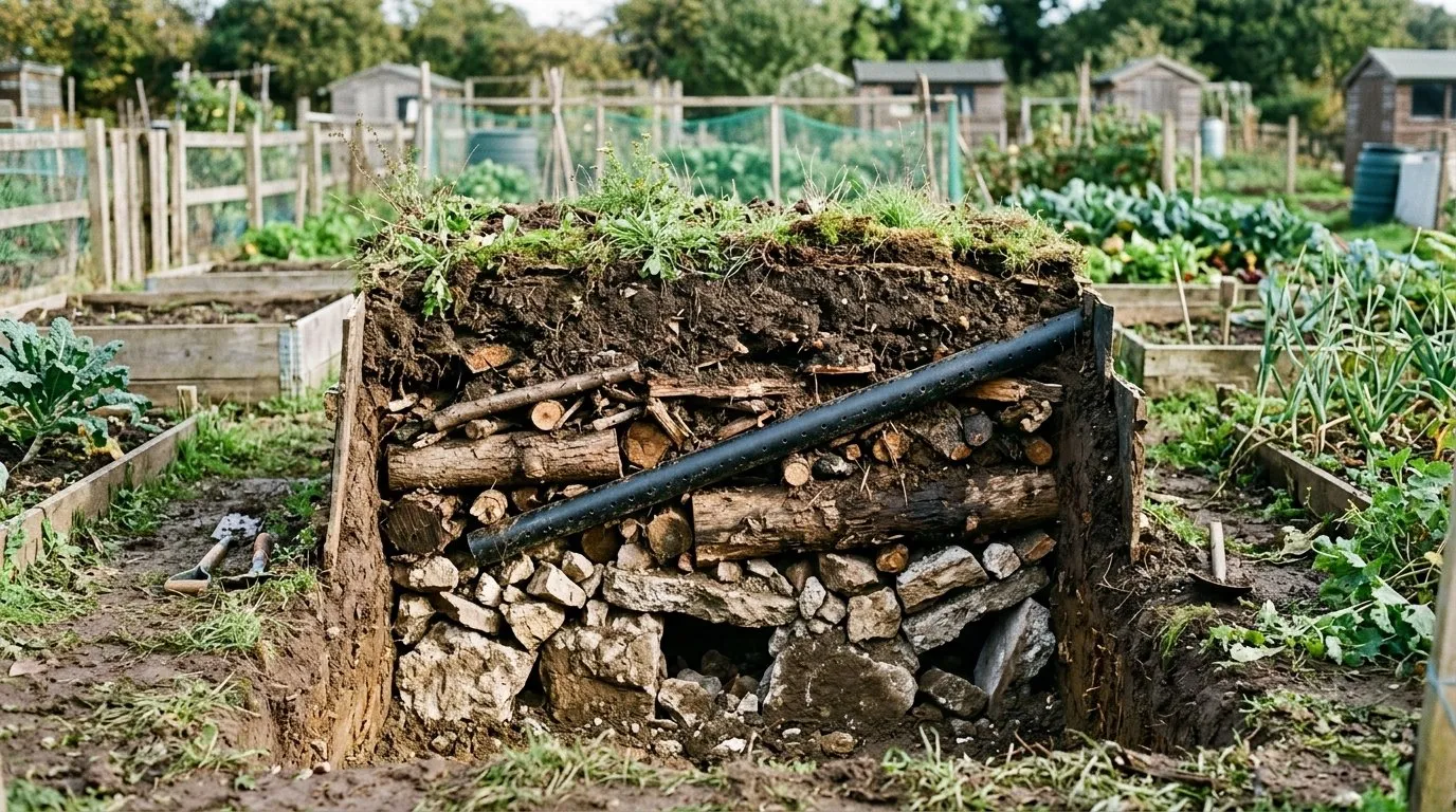 Cutaway of a half-dug hibernaculum on a UK allotment showing rubble, logs, sloping pipes and a soil cap in layers