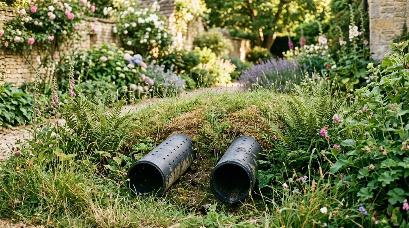 Two 100mm perforated land-drain pipes sloping into a turfed mound among planting in a Cotswold cottage garden