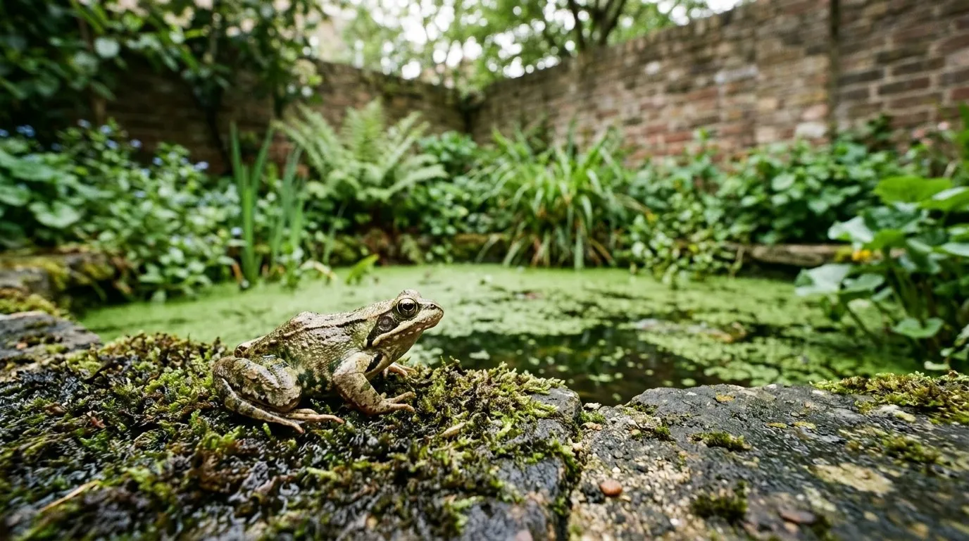 Common frog resting at the mossy edge of a wildlife pond in a London townhouse garden