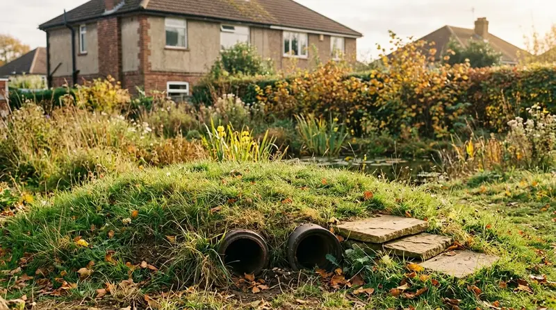 Finished turfed hibernaculum mound in a UK wildlife garden with entrance pipes and a sunny stone basking edge