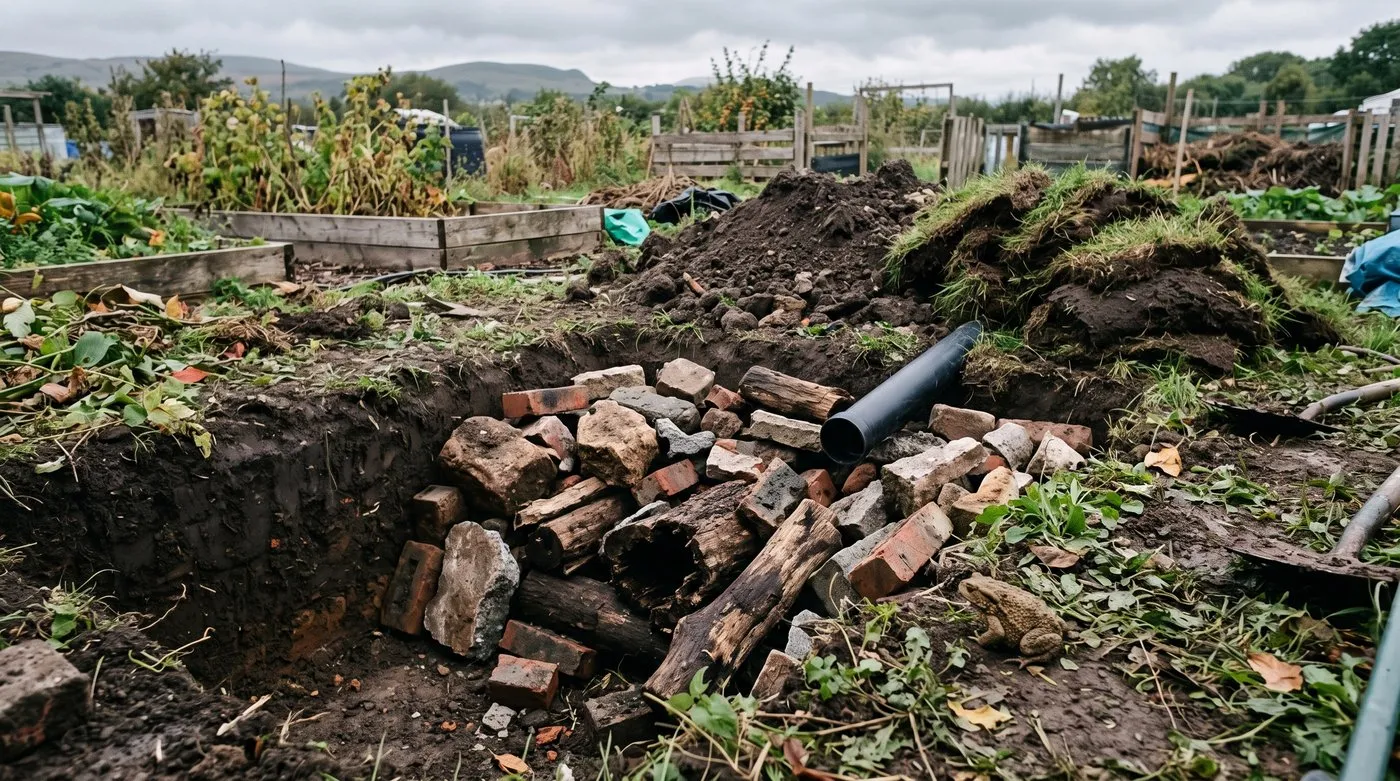 Open pit loosely filled with bricks, stones and logs with a pipe sloping in, before the soil cap goes on