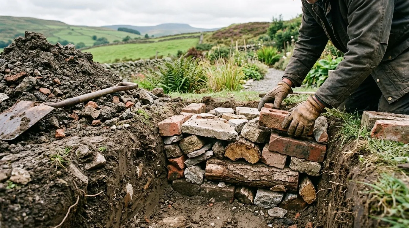 Hands stacking broken bricks and oak logs into a dug pit on a Welsh hillside garden, air voids visible between the rubble