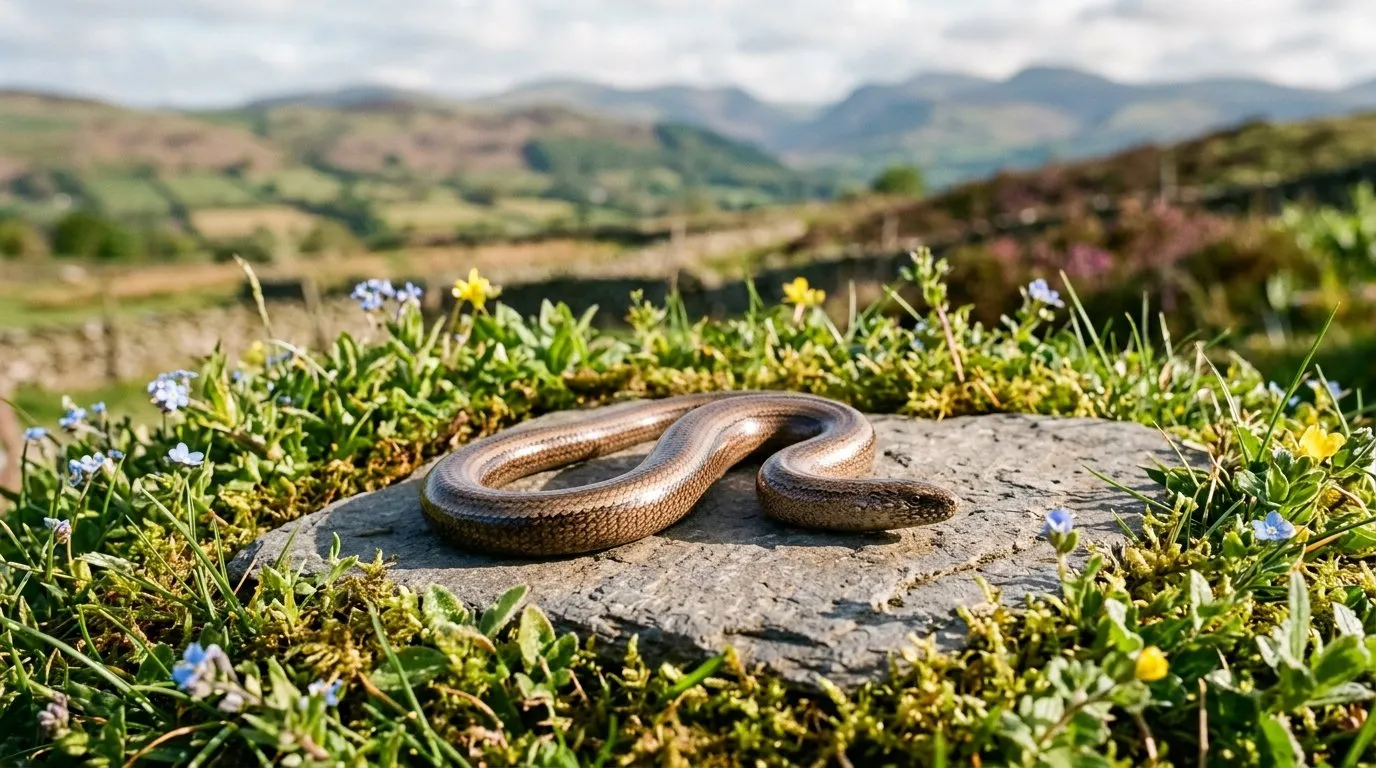 Slow worm basking on a warm flat stone at the sunny edge of a mound in a Lake District garden