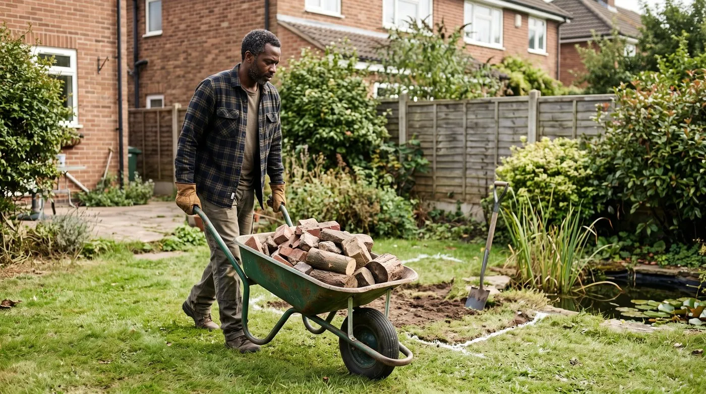Gardener wheeling a barrow of broken bricks and logs across a lawn to build a hibernaculum near a pond