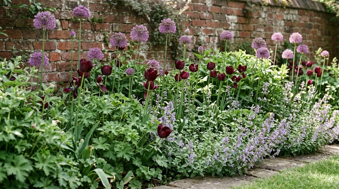 Border with dark tulips fading and purple allium globes opening above perennial foliage in late spring