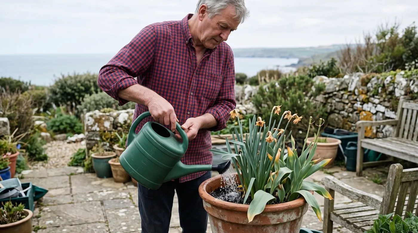 Older gardener watering a pot of faded daffodils and tulips with leaves left to die back