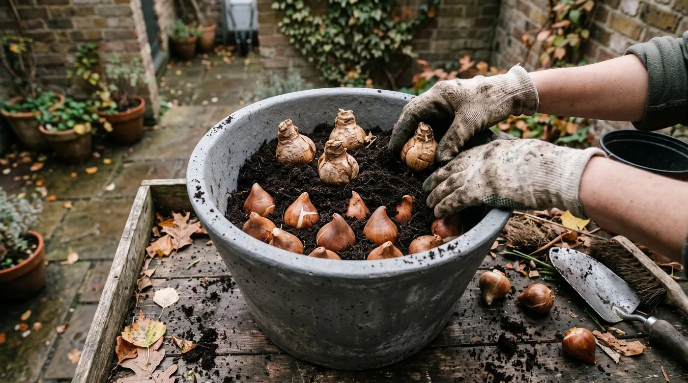 Tulip bulbs partly covered with compost in a deep pot, with daffodil bulbs set in the gaps above