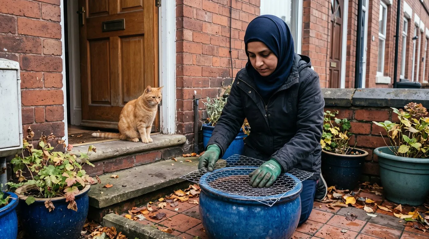 Gardener laying chicken wire over a freshly planted bulb pot on a doorstep while a ginger cat watches