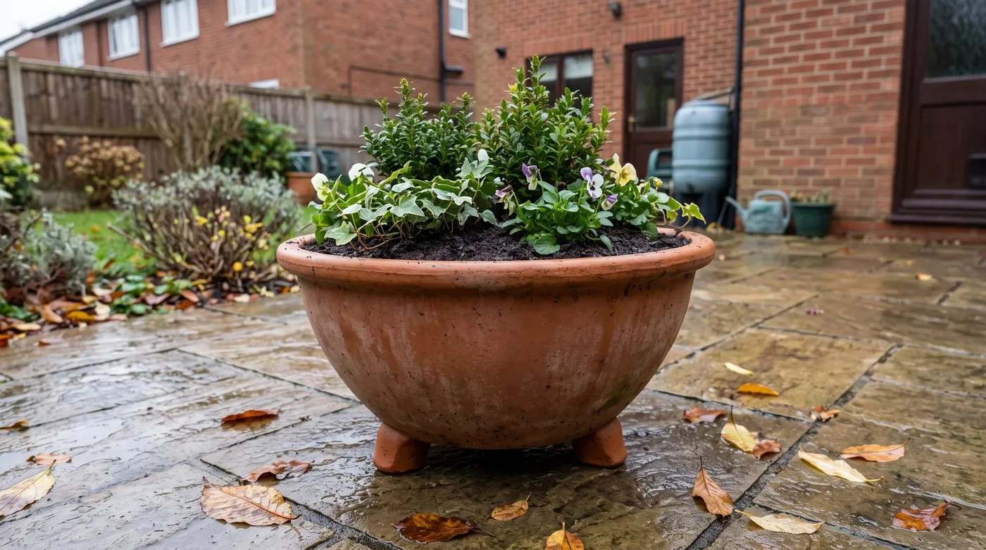 Large terracotta pot of freshly planted bulbs raised on pot feet on a wet patio in autumn