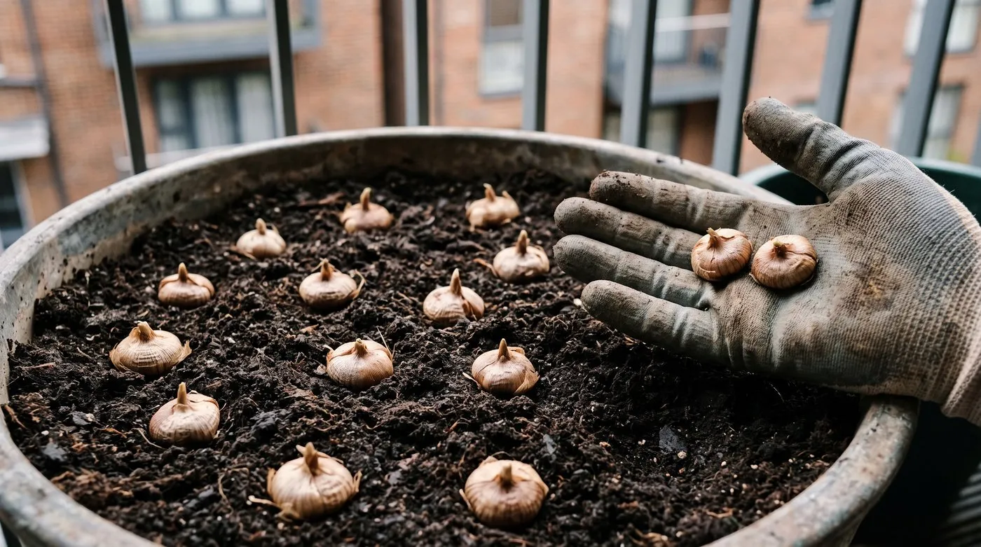 Gloved hand scattering small crocus corms over the compost in a large pot for the top layer
