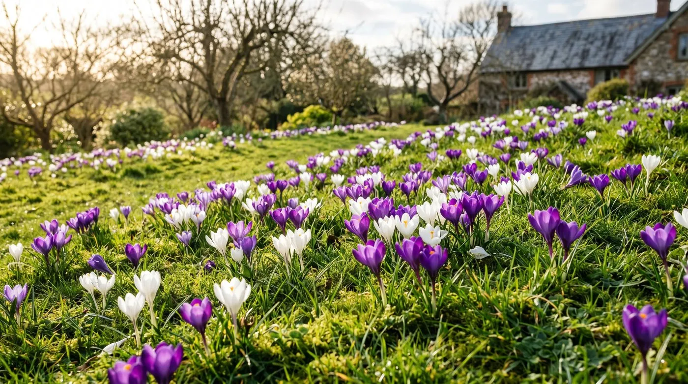 Crocus naturalised into a lawn forming a natural-looking carpet, planted randomly at a sparse starting density
