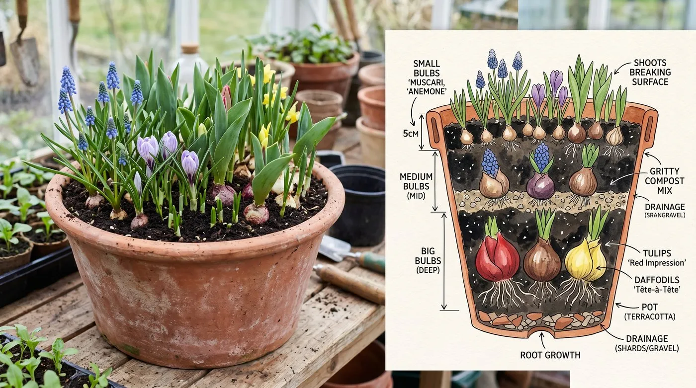 A large pot densely planted with bulbs almost touching, and a cutaway showing layered bulb lasagne planting