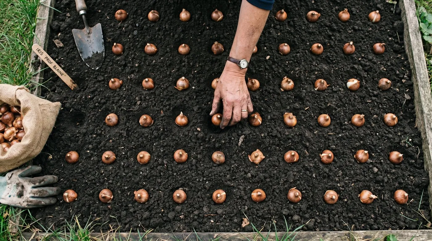 A planting area marked out with spacing showing bulbs set two to three times their own width apart before covering