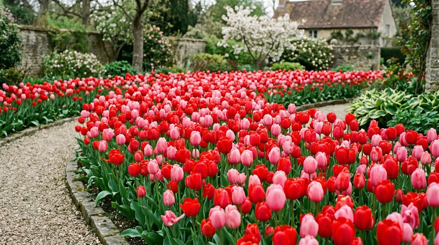 A spring border densely planted with tulips at around 55 bulbs per square metre, reading as a solid block of colour
