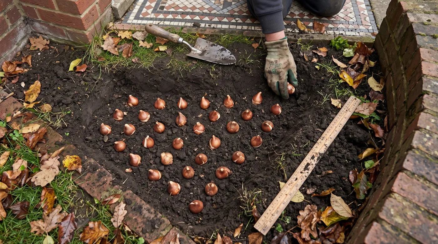 Tulip bulbs set pointed end up about 12cm apart in a dug border, with a gloved hand placing another