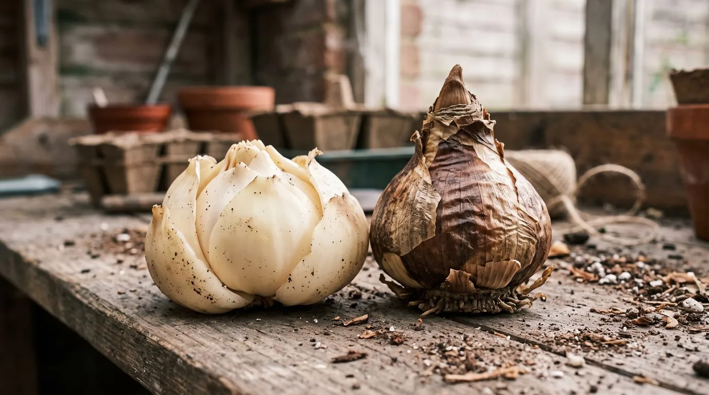 A lily bulb with loose fleshy scales next to a daffodil bulb in a dry papery tunic