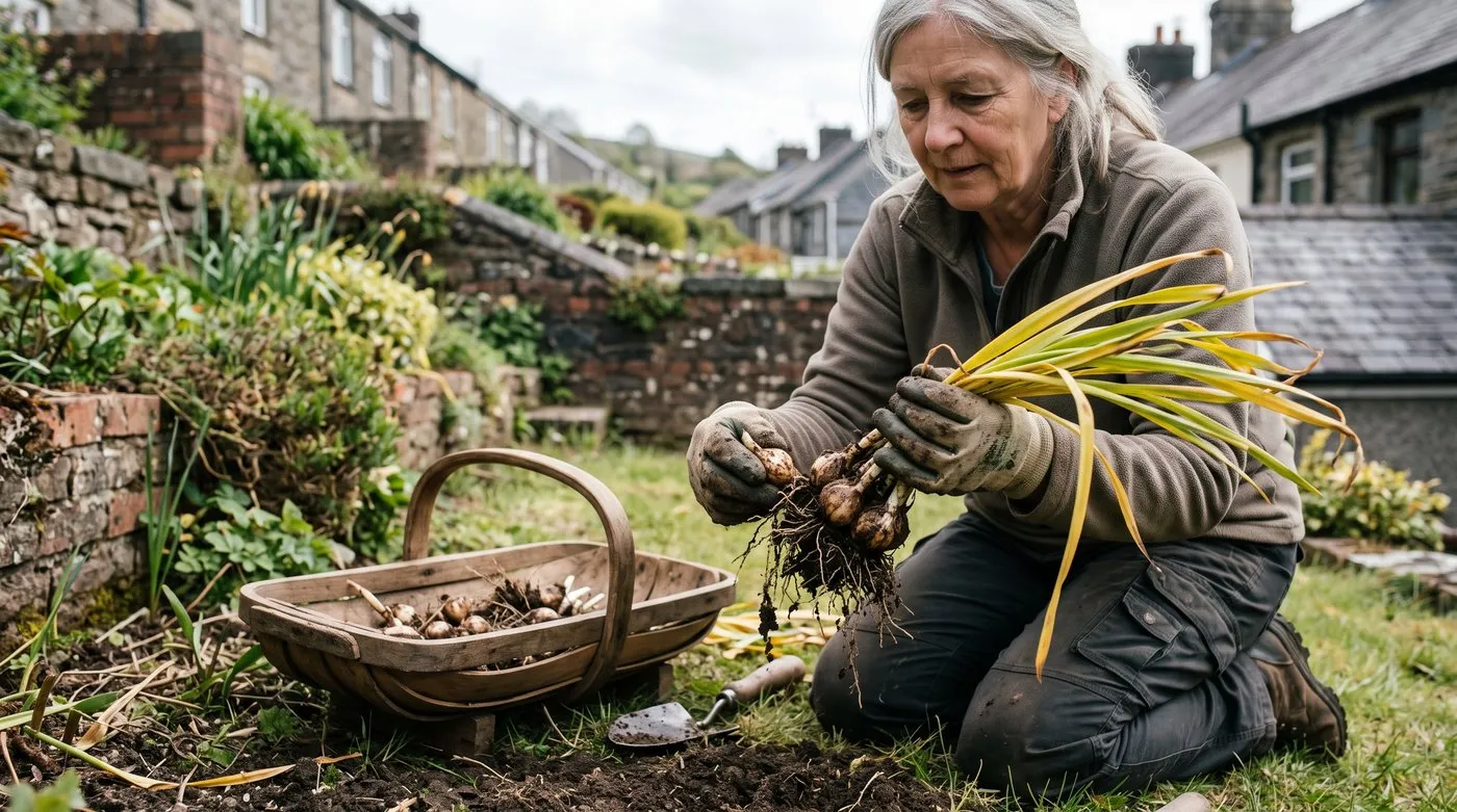 A gardener twisting offsets off a lifted clump of daffodil bulbs with yellowing leaves