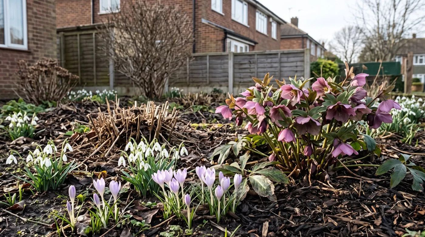 Snowdrops and lilac crocus flowering around hellebores at the front of a bare winter perennial border