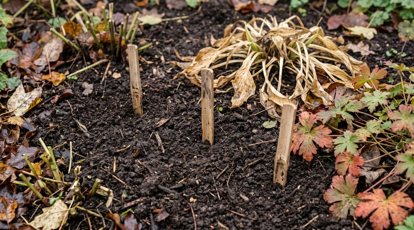Three short cane markers showing where bulbs were planted between a dormant hosta and a hardy geranium