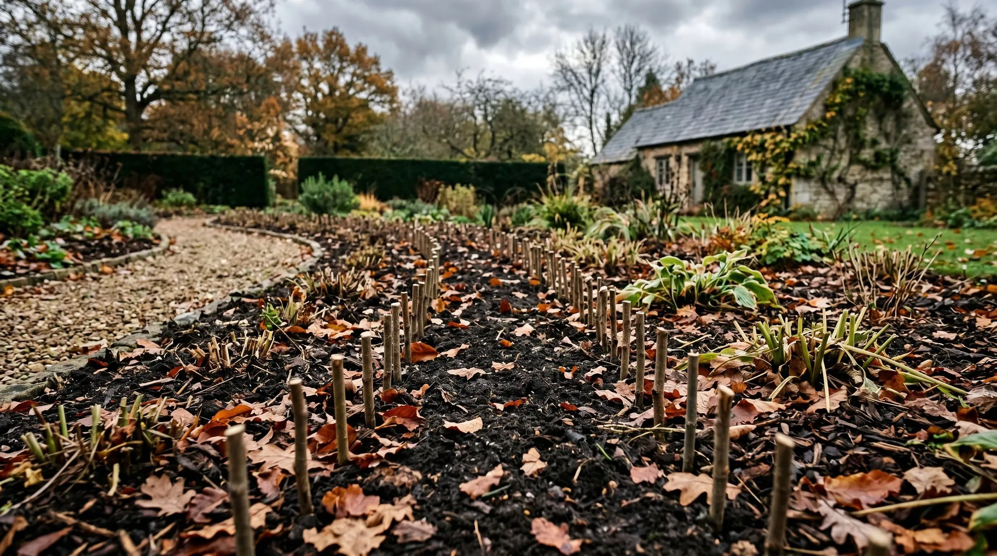 UK autumn border showing willow stake markers indicating bulb planting positions amongst dormant perennials