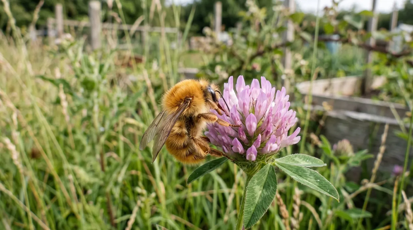Ginger-brown common carder bumblebee feeding on red clover in long grass