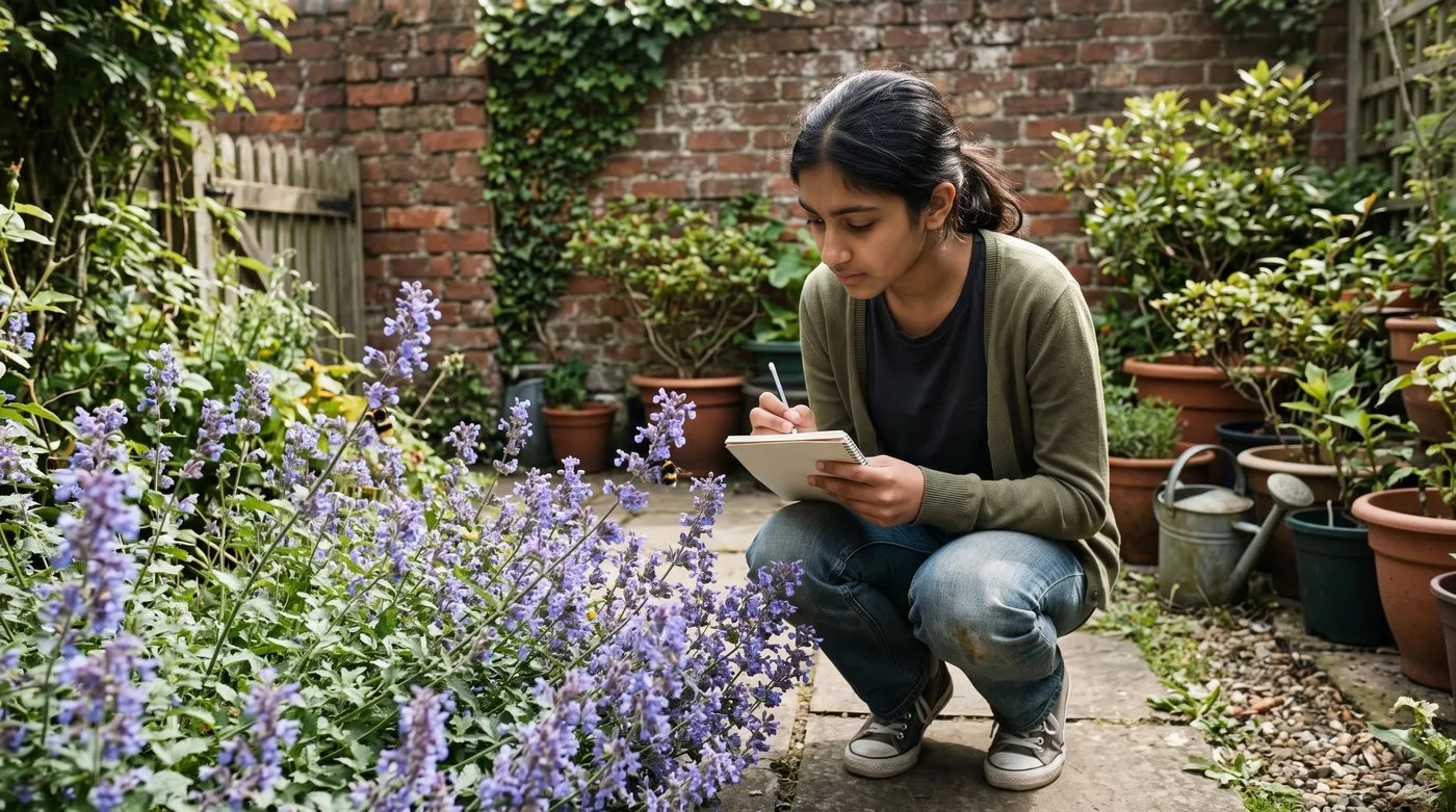 Teenage girl crouching beside a clump of catmint in a small city garden, notebook in hand