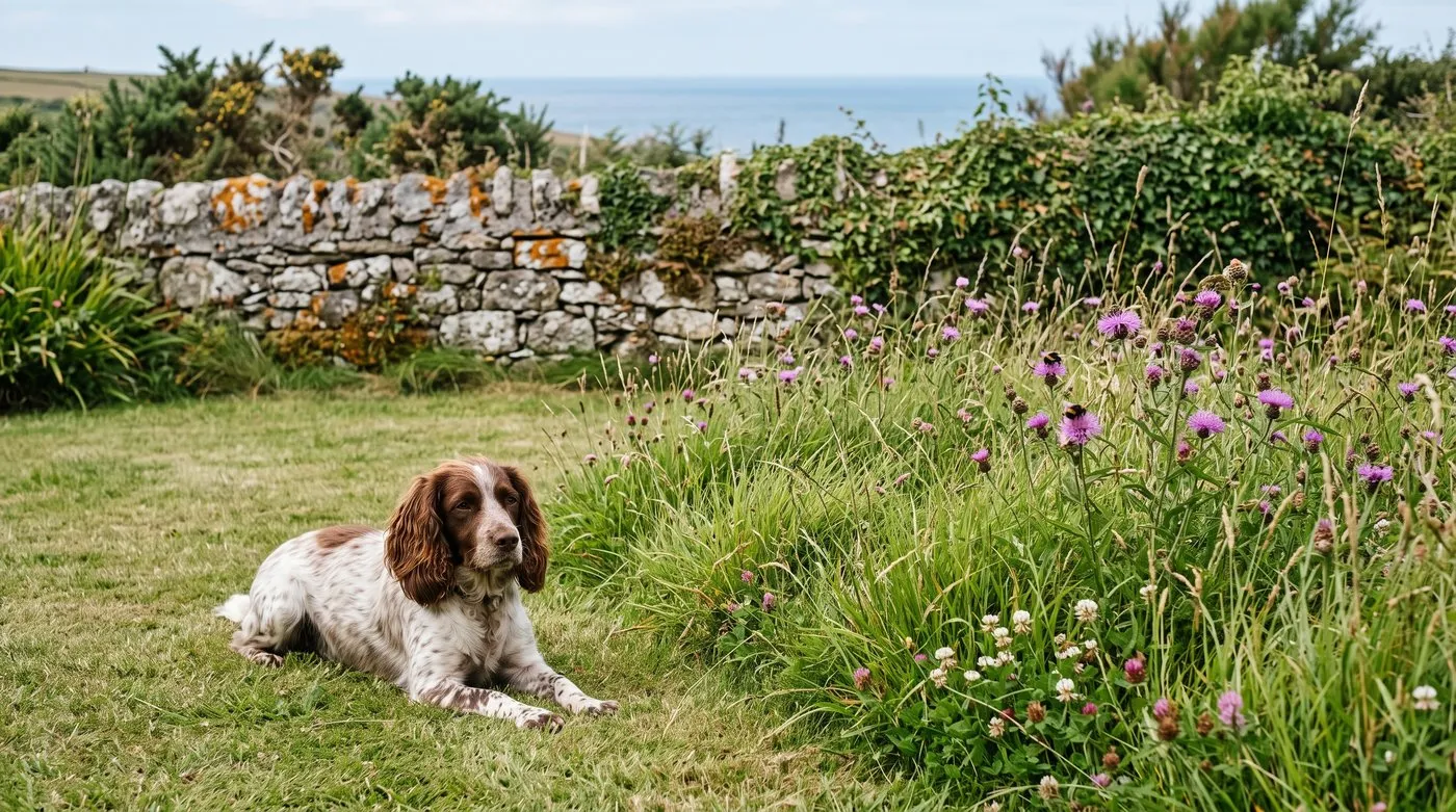 Strip of long tussocky grass with clover and knapweed left uncut beside a lawn, with a spaniel resting nearby