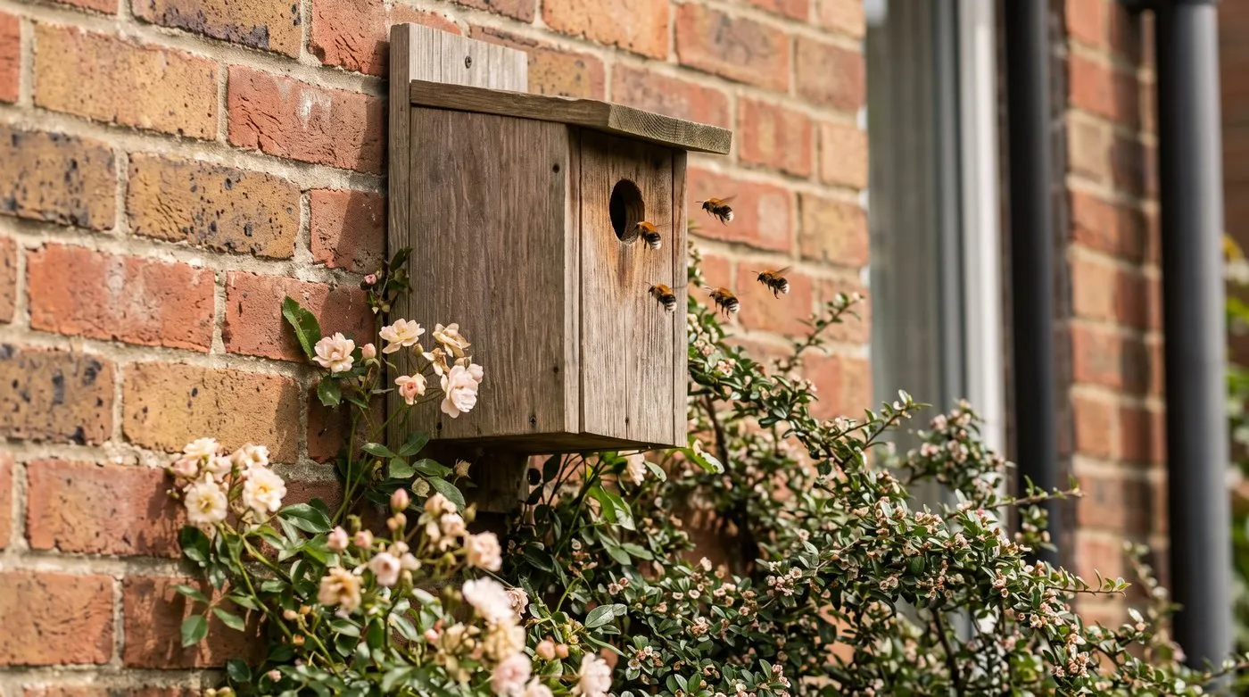 Tree bumblebees with ginger backs and white tails flying around a wooden bird box on a house wall