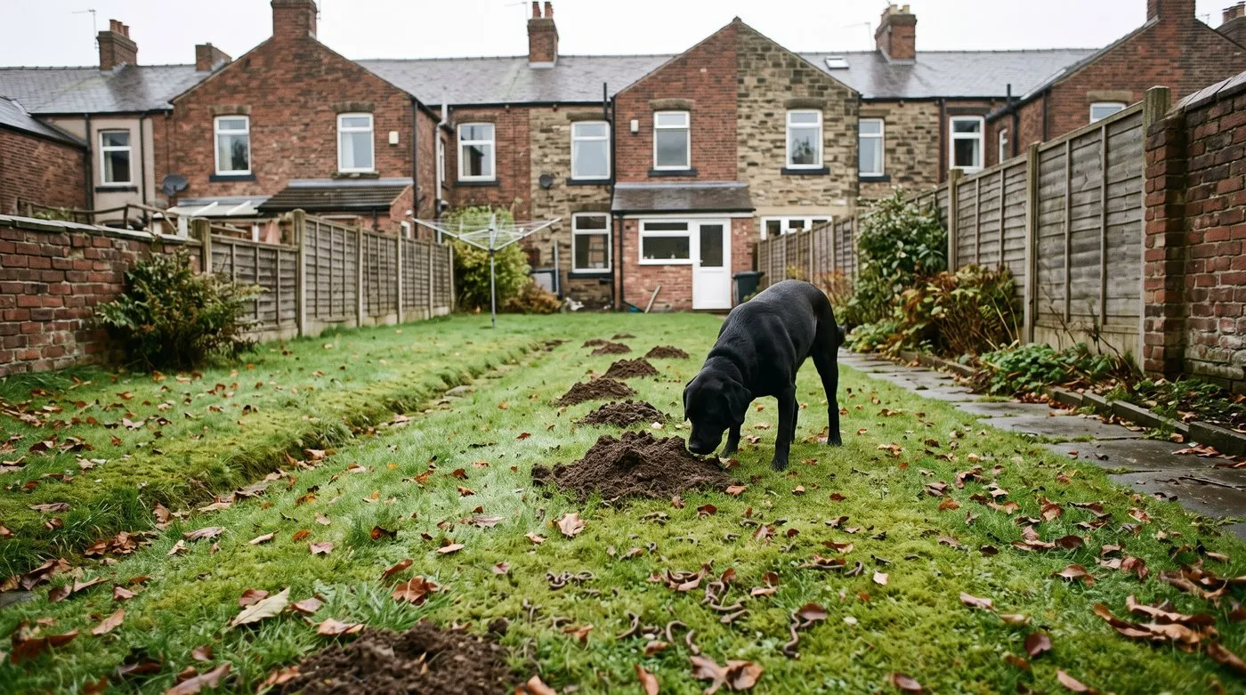 Lumpy terraced-house lawn with a line of fresh molehills, with a black Labrador sniffing one